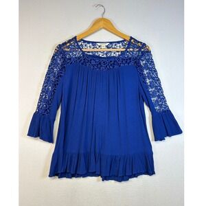 Boho Festival Tantrums Women LG Cobalt Blue Crochet Lace Bell Sleeve Ruffle Top